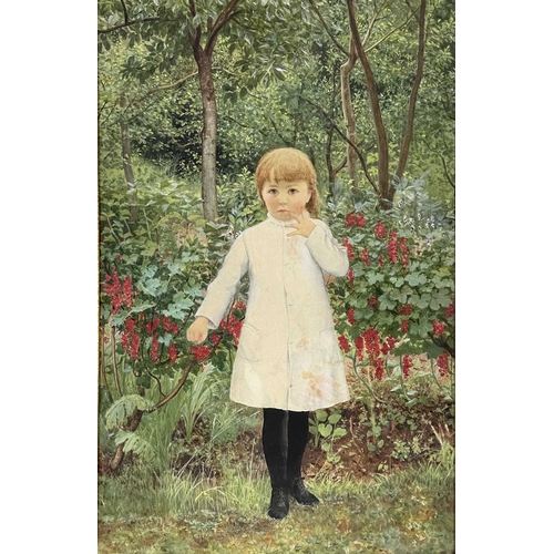 334 - British School, late 19th Century, portrait of a young girl, full-length in a white coat standing in... 