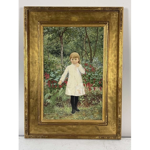 334 - British School, late 19th Century, portrait of a young girl, full-length in a white coat standing in... 