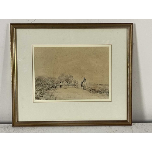 339 - David Cox (British, 1783-1859), figure on a donkey and a figure on a path approaching a house, ink/w... 