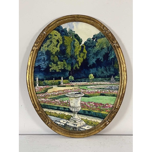 343 - Tony Georges Roux (French, 1894-1928), A Country Garden Parterre, watercolour, oval, 70 by 56cm, gil... 