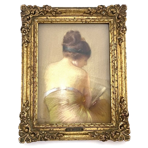 358 - Gaston Bouy (French, 1866-1943), ladies of fashion, half-length in rear profile wearing strapless dr... 