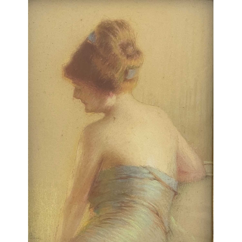 358 - Gaston Bouy (French, 1866-1943), ladies of fashion, half-length in rear profile wearing strapless dr... 