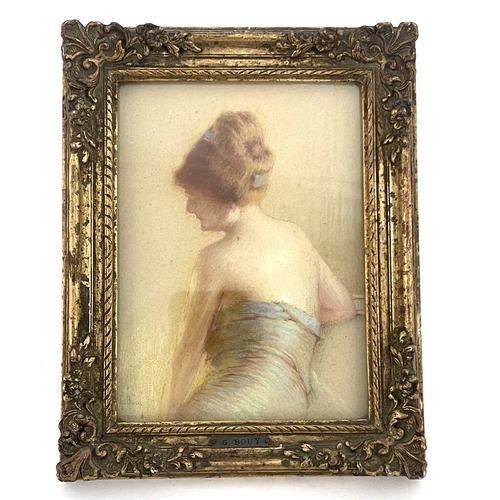 358 - Gaston Bouy (French, 1866-1943), ladies of fashion, half-length in rear profile wearing strapless dr... 