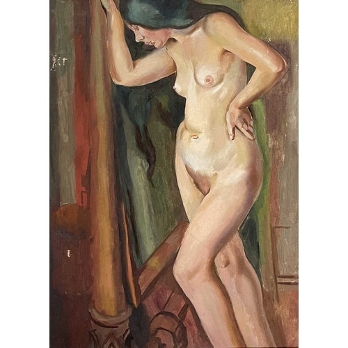 372 - Harry Barr (British, 20th Century), Female nude by a cheval mirror, oil on canvas, 74 by 55cm, frame... 