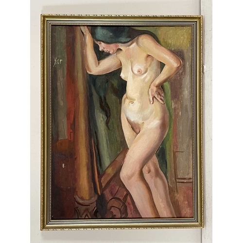 372 - Harry Barr (British, 20th Century), Female nude by a cheval mirror, oil on canvas, 74 by 55cm, frame... 