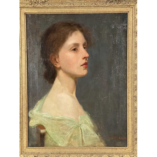 374 - Robert Andrew (British, late 19th Century), portrait of a young lady, bust-length in profile wearing... 