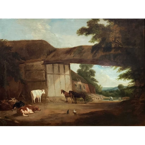 379 - British School, 19th Century, a pastoral scene - farmyard with horses, cattle and chickens, figure a... 