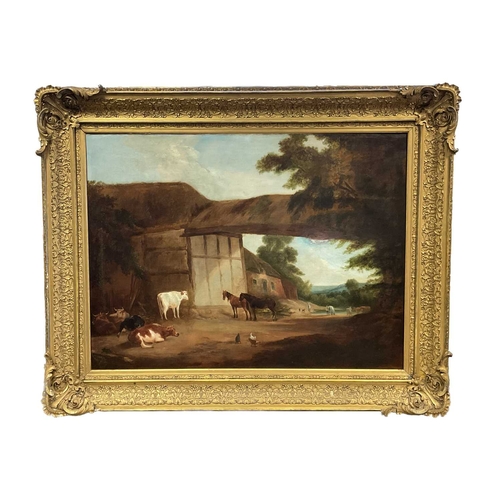 379 - British School, 19th Century, a pastoral scene - farmyard with horses, cattle and chickens, figure a... 