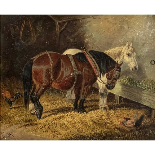 380 - Samuel Joseph Clark (British, 1841-1928), two horses and chickens in a barn, signed l.l., oil on can... 