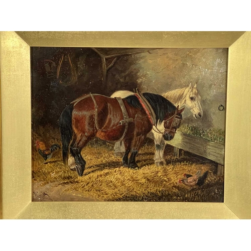 380 - Samuel Joseph Clark (British, 1841-1928), two horses and chickens in a barn, signed l.l., oil on can... 