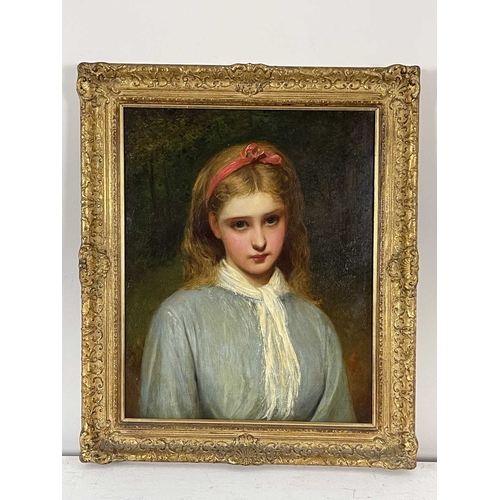 385 - Charles Sillem Lidderdale (British, 1831-1895), portrait of a young lady, bust-length wearing a red ... 