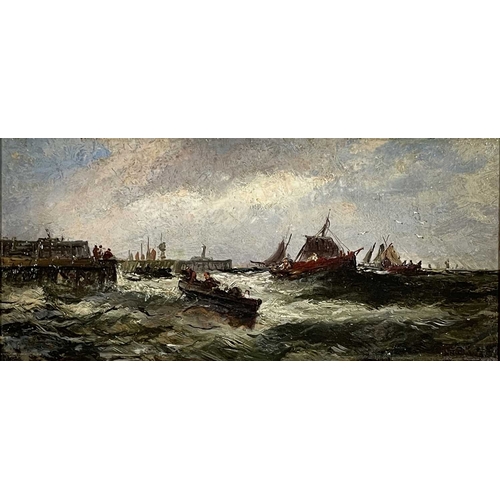 386 - Edwin Hayes (British, 1819/20-1904), fishing boats in a storm off a pier, signed l.r., oil on board,... 