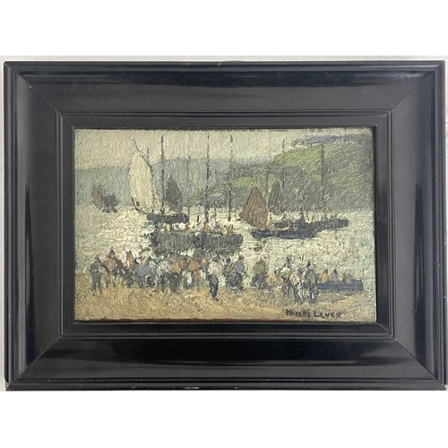 394 - Richard Hayley Lever (American, 1876-1958), harbour scene with figures on a quayside, signed l.r., o... 