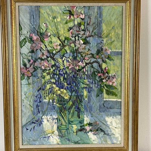 399 - Yvonne Tocher (British, 20th Century), still life of pink blossom in a vase, signed l.l., oil on boa... 