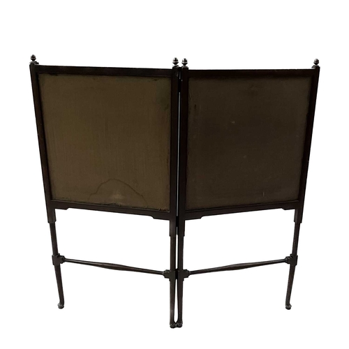 430 - An Arts and Crafts walnut and silk embroidered bi fold fire screen, slender turned frame with two pa... 