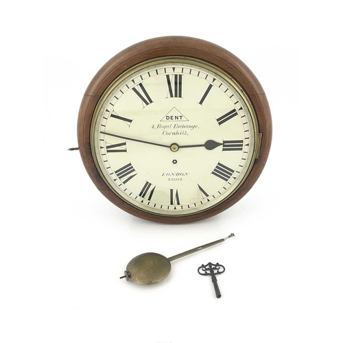 439 - Dent, a late Victorian mahogany wall clock, circa 1890, the 11.5 inch white enamelled dial with Roma... 