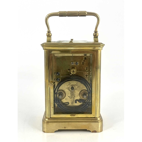 442 - Jacot, Paris, a repeating carriage clock, early 20th Century, gilt metal corniche case with swing ha... 