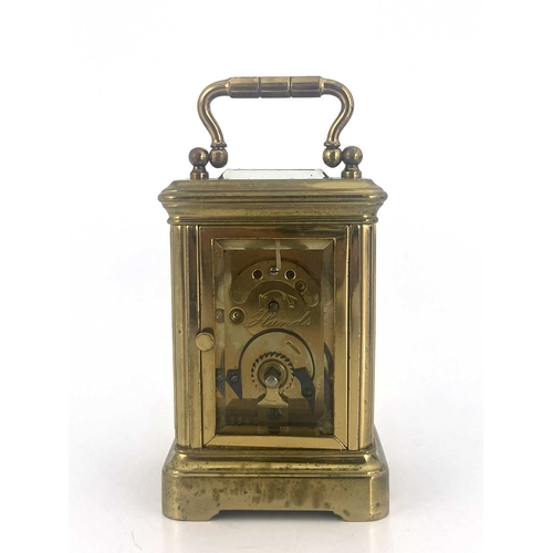 443 - A miniature carriage timepiece, early 20th Century, brass corniche case with visible escapement, whi... 