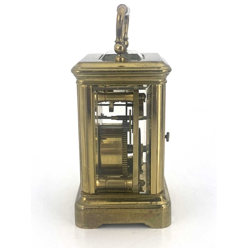 443 - A miniature carriage timepiece, early 20th Century, brass corniche case with visible escapement, whi... 