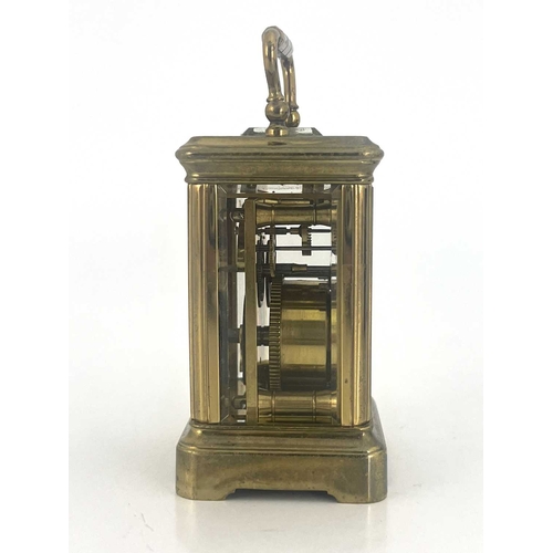 443 - A miniature carriage timepiece, early 20th Century, brass corniche case with visible escapement, whi... 