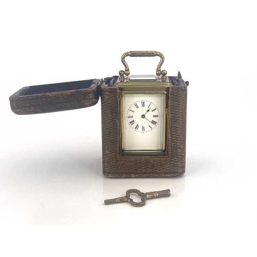 443 - A miniature carriage timepiece, early 20th Century, brass corniche case with visible escapement, whi... 