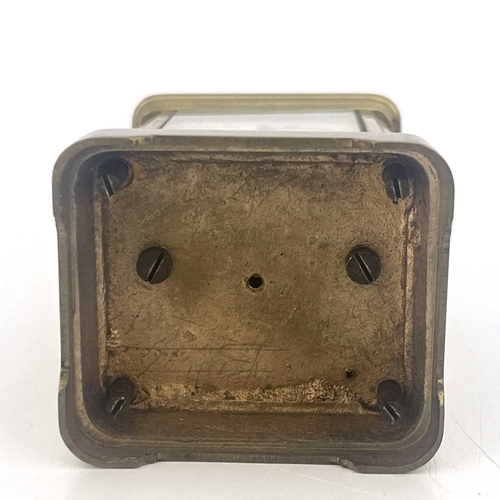 443 - A miniature carriage timepiece, early 20th Century, brass corniche case with visible escapement, whi... 