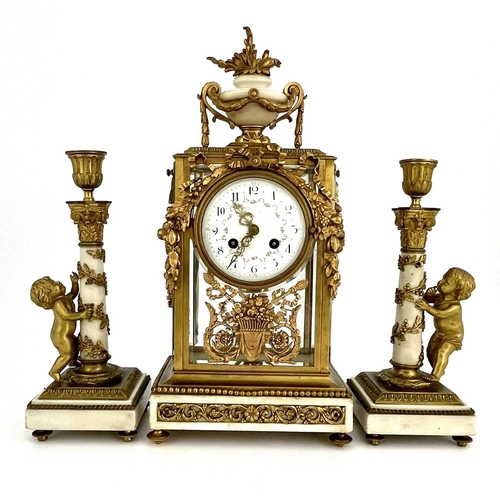 446 - Leroy, Paris, a late 19th Century French clock garniture, gilt metal four-glass case with white marb... 