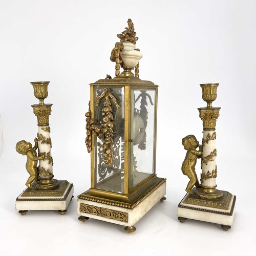 446 - Leroy, Paris, a late 19th Century French clock garniture, gilt metal four-glass case with white marb... 