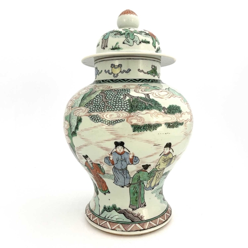 458 - A Chinese famille verte vase and cover, inverse baluster form, painted with Oriental figures, 42cm h... 