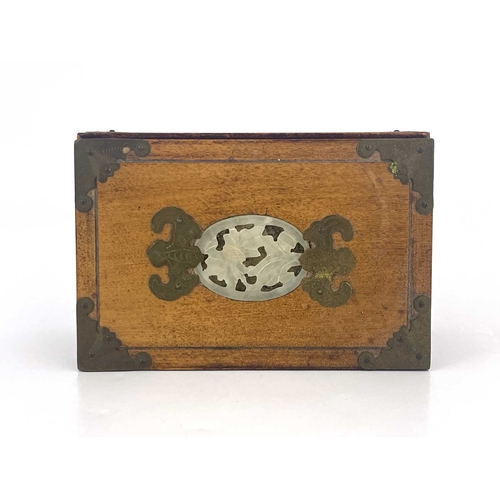 469 - A Chinese hardwood and carved jade inset box, applied with chased brass brackets and corners in the ... 