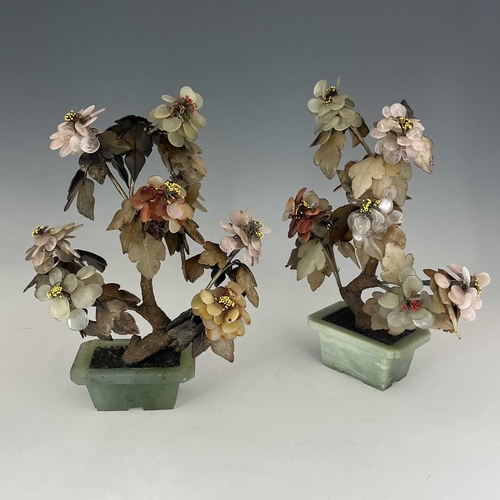 473 - A pair of Chinese hardstone trees, early 20th Century, the leaves in semi-precious translucent stone... 