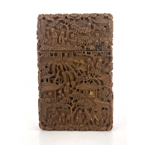 476 - A Chinese carved wood cardcase, modelled in relief with an extensive populated garden landscape of t... 