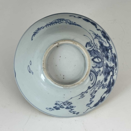 480 - A Chinese blue and white bowl, Ming Dynasty 'Transitional Period', circa 1650, of flared conical for... 