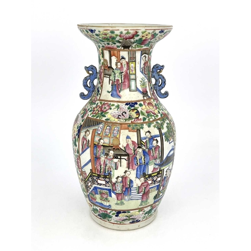 487 - A Chinese porcelain vase, 19th Century, Guangxu period, (1875-1908), blue enamel handles, painted co... 