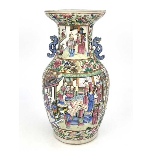 487 - A Chinese porcelain vase, 19th Century, Guangxu period, (1875-1908), blue enamel handles, painted co... 