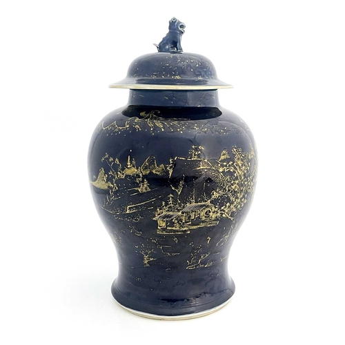 491 - A Chinese blue ground temple jar and cover, inverse baluster form, decorated in the round with an ex... 