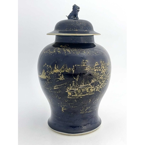 491 - A Chinese blue ground temple jar and cover, inverse baluster form, decorated in the round with an ex... 