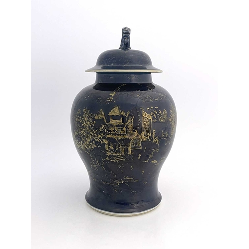 491 - A Chinese blue ground temple jar and cover, inverse baluster form, decorated in the round with an ex... 