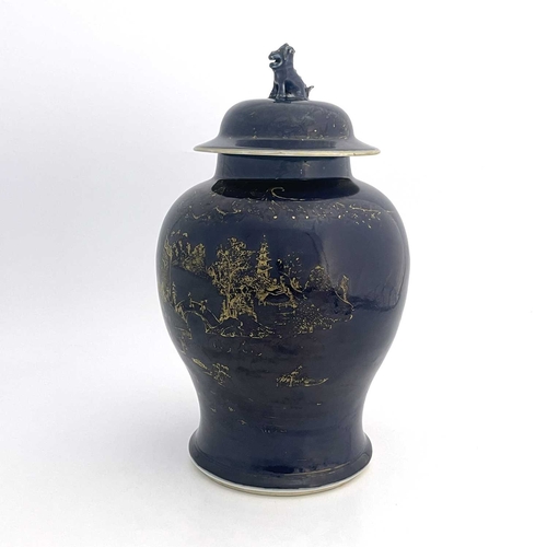 491 - A Chinese blue ground temple jar and cover, inverse baluster form, decorated in the round with an ex... 