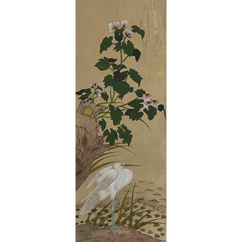 493 - Chinese School, early to mid 20th Century, wading birds beside rocky outcrops with sprouting foliage... 