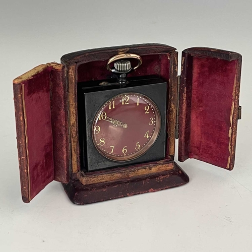 510 - A chiming miniature desk or travel clock, circa 1910, anodised steel case with topwind mechanism, re... 