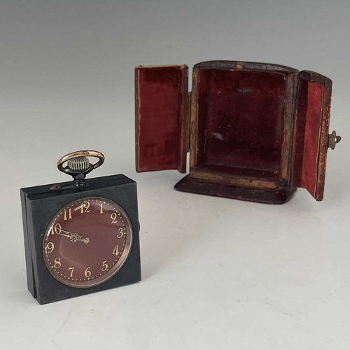 510 - A chiming miniature desk or travel clock, circa 1910, anodised steel case with topwind mechanism, re... 