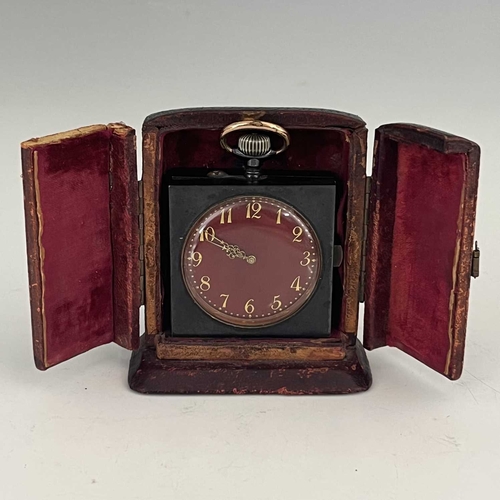 510 - A chiming miniature desk or travel clock, circa 1910, anodised steel case with topwind mechanism, re... 