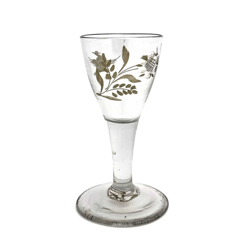 518 - A Jacobite type wine glass, circa 1765, the rounded bowl engraved with a bird in flight and a rose w... 