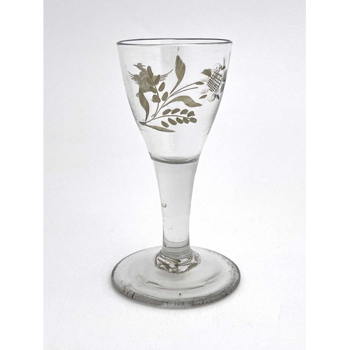 518 - A Jacobite type wine glass, circa 1765, the rounded bowl engraved with a bird in flight and a rose w... 