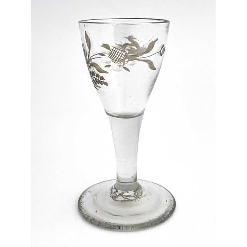 518 - A Jacobite type wine glass, circa 1765, the rounded bowl engraved with a bird in flight and a rose w... 