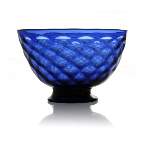 525 - A George III Bristol blue glass bowl, circa 1800, optic diamond moulded footed form, hemispherical, ... 