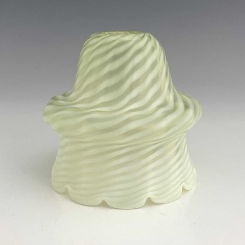 559 - An Arts and Crafts opalescent glass light shade, bulbous gourd form, opaque wrythen stripes, frosted... 