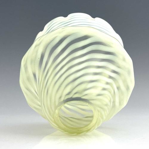 559 - An Arts and Crafts opalescent glass light shade, bulbous gourd form, opaque wrythen stripes, frosted... 