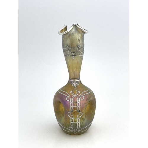 586 - Loetz, a Secessionist Candia Papillon silver overlay glass vase, three dimpled gourd form with pulle... 